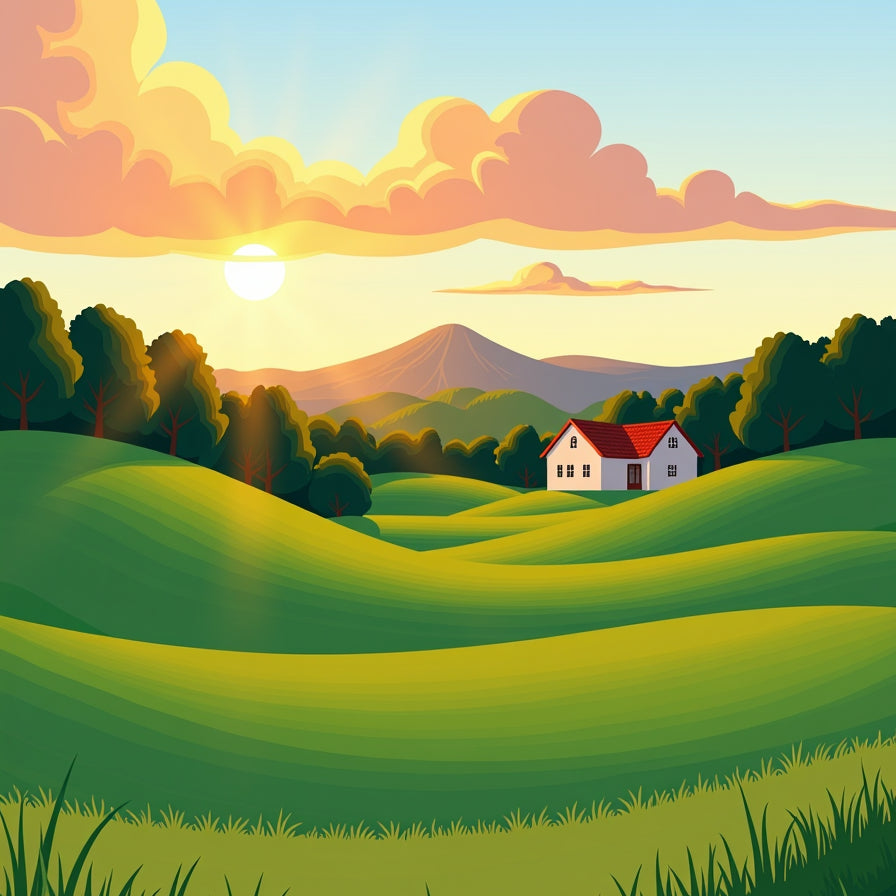 Farmhouse Valley Meadow Sunrise Countryside Road Trip Horizon (Green) - ODIKA