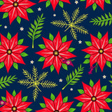 Classic Christmas Botanical Print Showcasing Poinsettias and Evergreen Sprigs(Red)