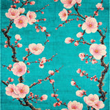 Non Slip Cherry Blossom with Artistic Teal and Pink Flower Branch Motif(Blue)