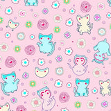 Playful Kitten Doodle Patchwork Featuring Floral and Paw Imprints(Pink)