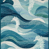 Coastal Seahorse Low Pile with Oceanic Blue Swirls and Nautical Motifs(Blue)