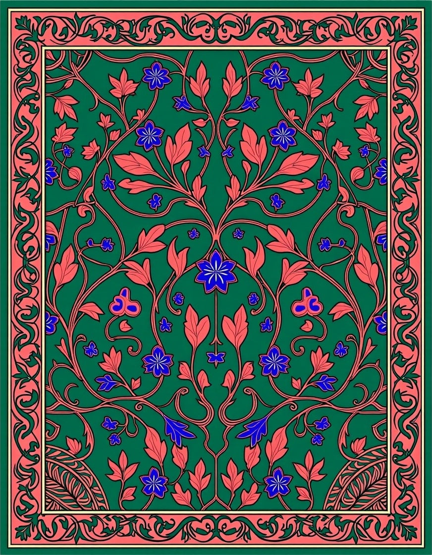 Art Nouveau Garden Trellis Design with Flourish and Stylized Foliage Motifs (Green) - ODIKA