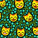 Cartoon Cat Faces with Cheerful and Interlocking Floral Vines(Yellow)