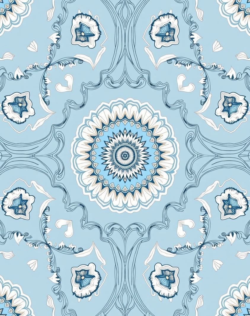 Lotus Bloom Medallion Motif Interlocking Floral (Blue) - ODIKA