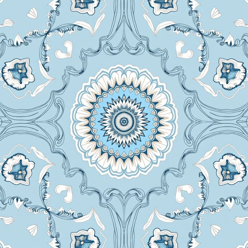 Lotus Bloom Medallion Motif Interlocking Floral (Blue) - ODIKA