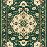 Intricate Floral Area with Geometric Design in Rich Green and Gold(Green)