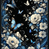 Dreamscape Black Surreal Floral Butterflies Artistic Flourishes(Blue)