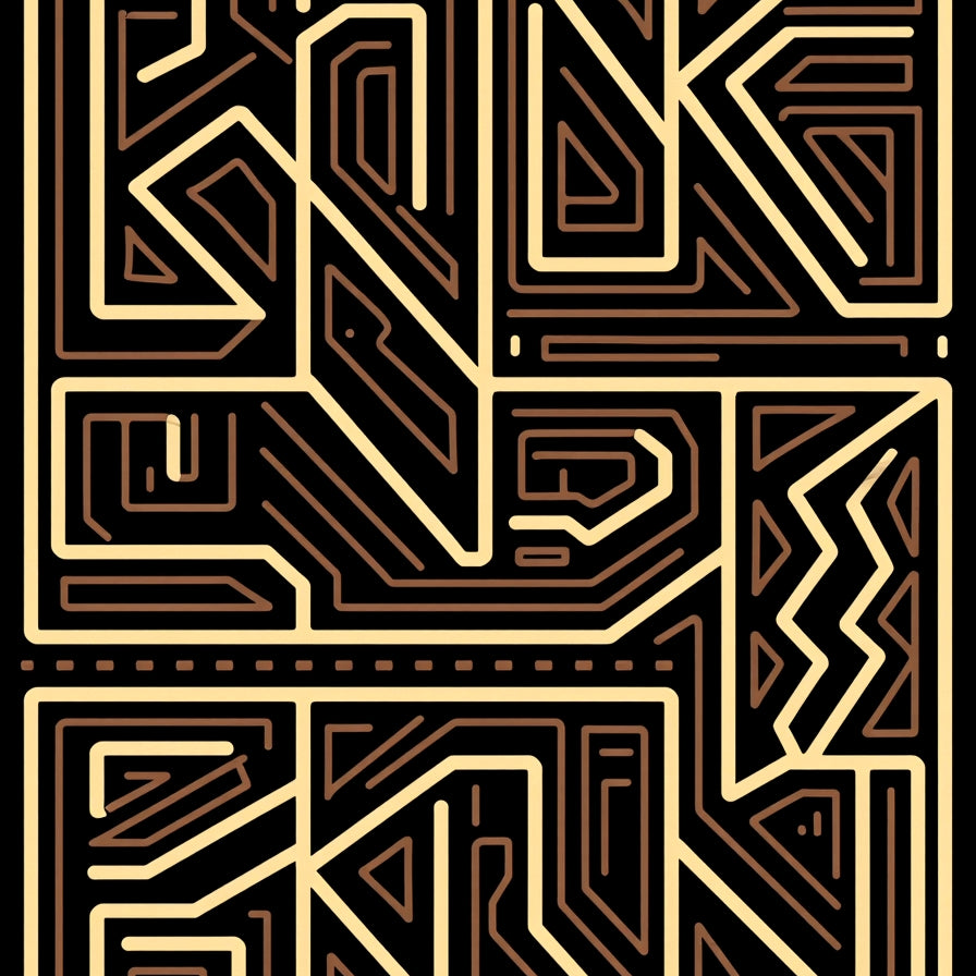 Modern Interlocking Maze Motif with Angular Paths and Golden Accents (Black) - ODIKA