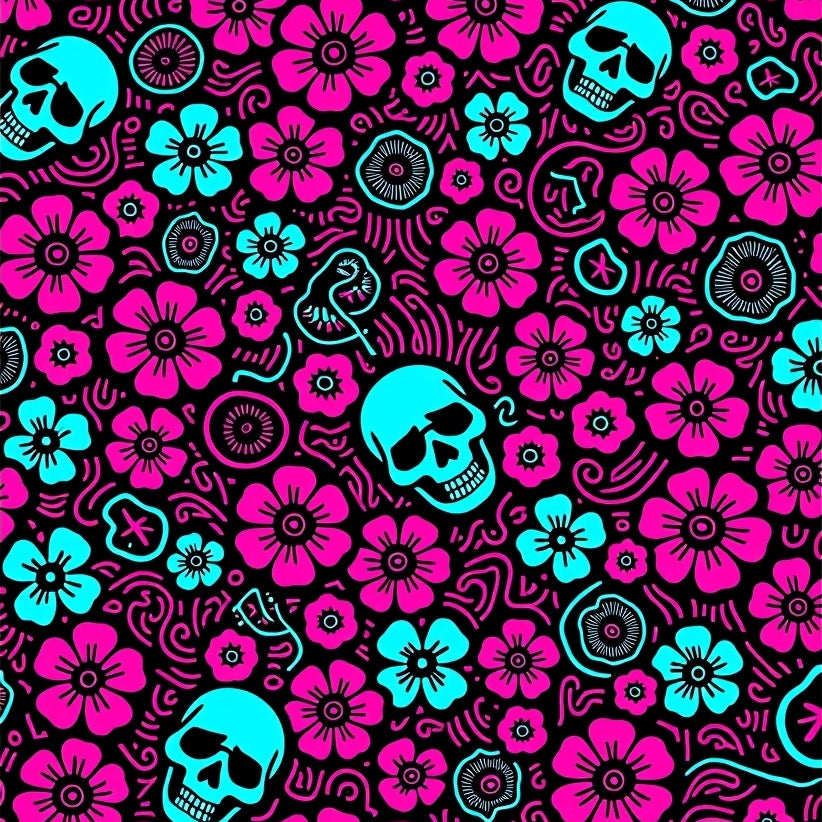 Abstract Skull Mosaic with Gothic Floral Motifs (Pink) - ODIKA