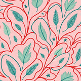 Whimsical Floral Cascade with Flowing Petal Trails and Stylized Leaf (Pink)