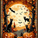 Festive Gnome and Cat Pumpkin Carpet with Maple Leaf and Web Embellishments(Orange)