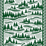 Nordic Village Patterned Featuring Interlocking Snowy Landscape Scenes(Green)