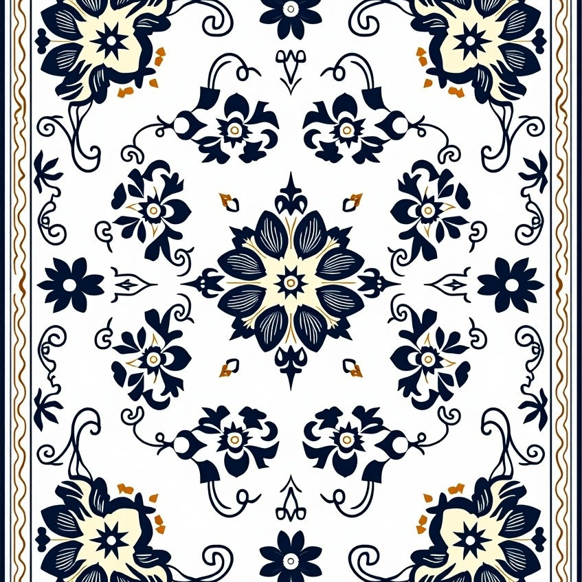 Vintage Damask Flourish with Baroque Scroll Classic European (Blue) - ODIKA