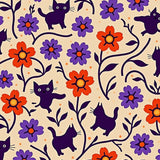 Festive Cat Silhouettes with Floral Embellishments Half Moon(Beige)