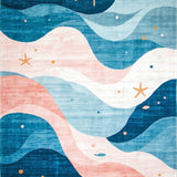 Marine Life Abstract Carpet with Soft Pastel Waves and Sea Creature Shapes(Blue)