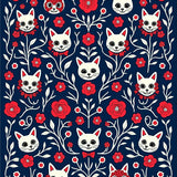 Whimsical Feline Skeletons Floral Masquerade Motif(Navy Blue)