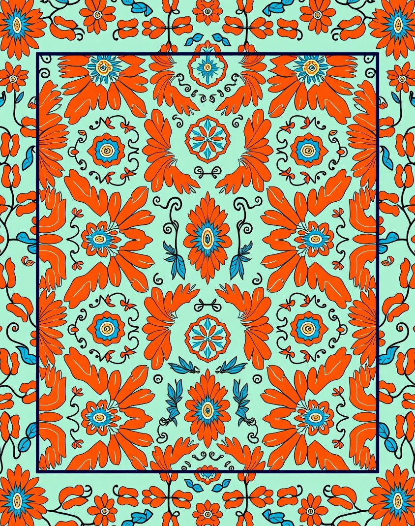 Artisan Petal Mosaic with Stylized Botanic Medallions (Orange) - ODIKA