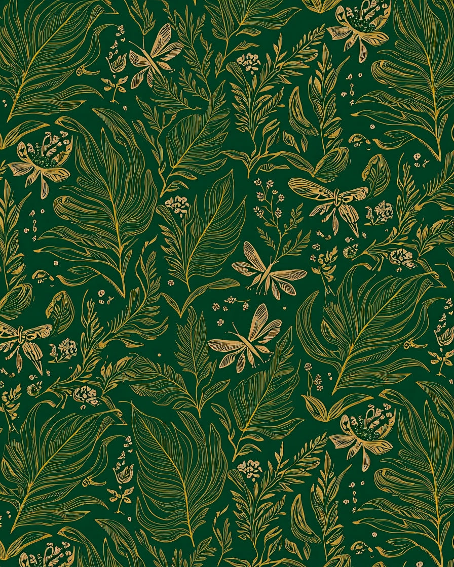 Dark Garden Moth and Fern with Mystical Botanical Motifs (Green) - ODIKA