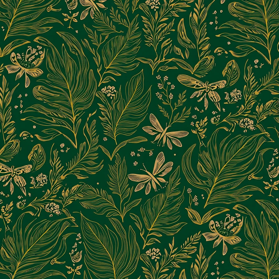 Dark Garden Moth and Fern with Mystical Botanical Motifs (Green) - ODIKA