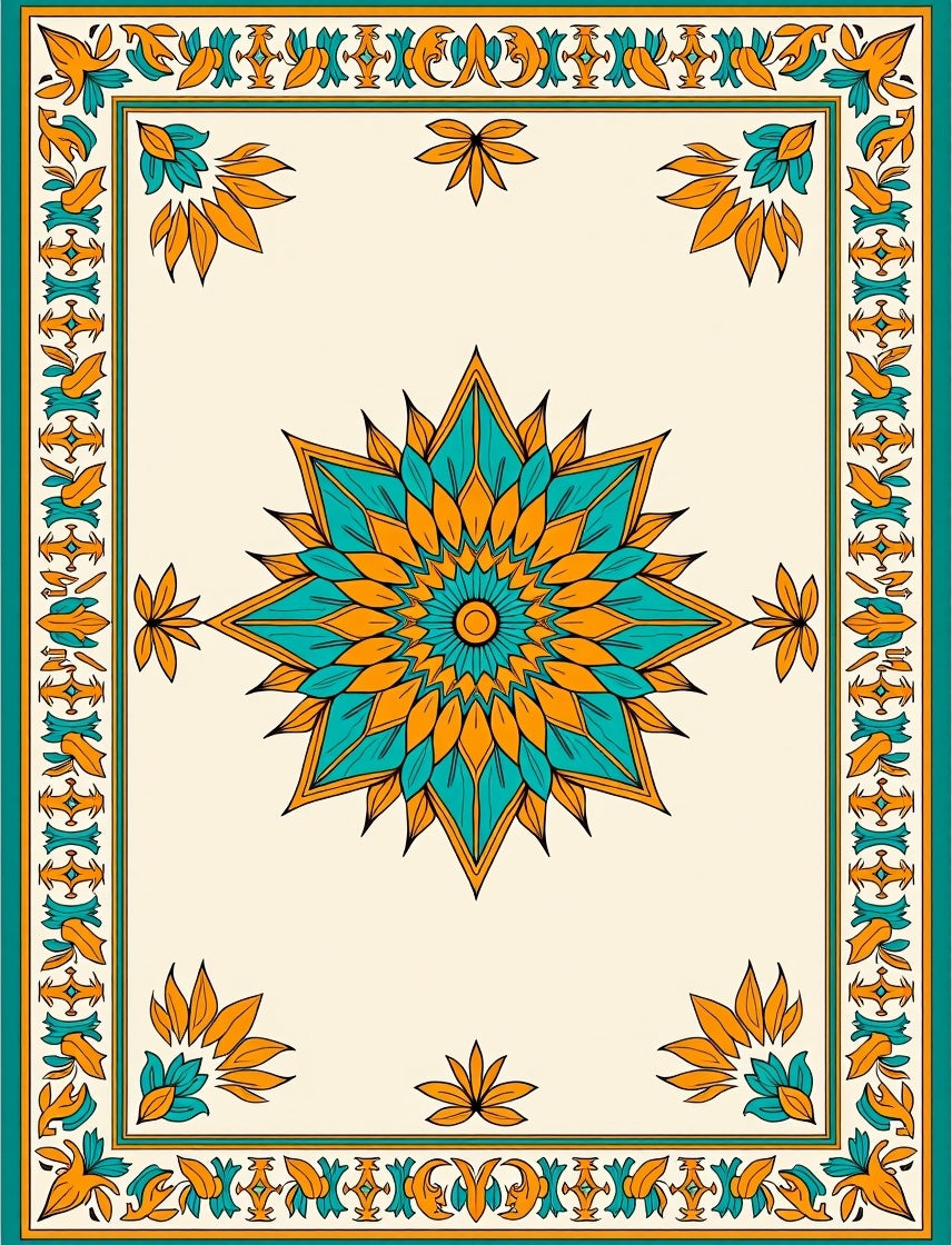 Sunburst Medallion Design with Radiant Floral Embellishments (Teal) - ODIKA