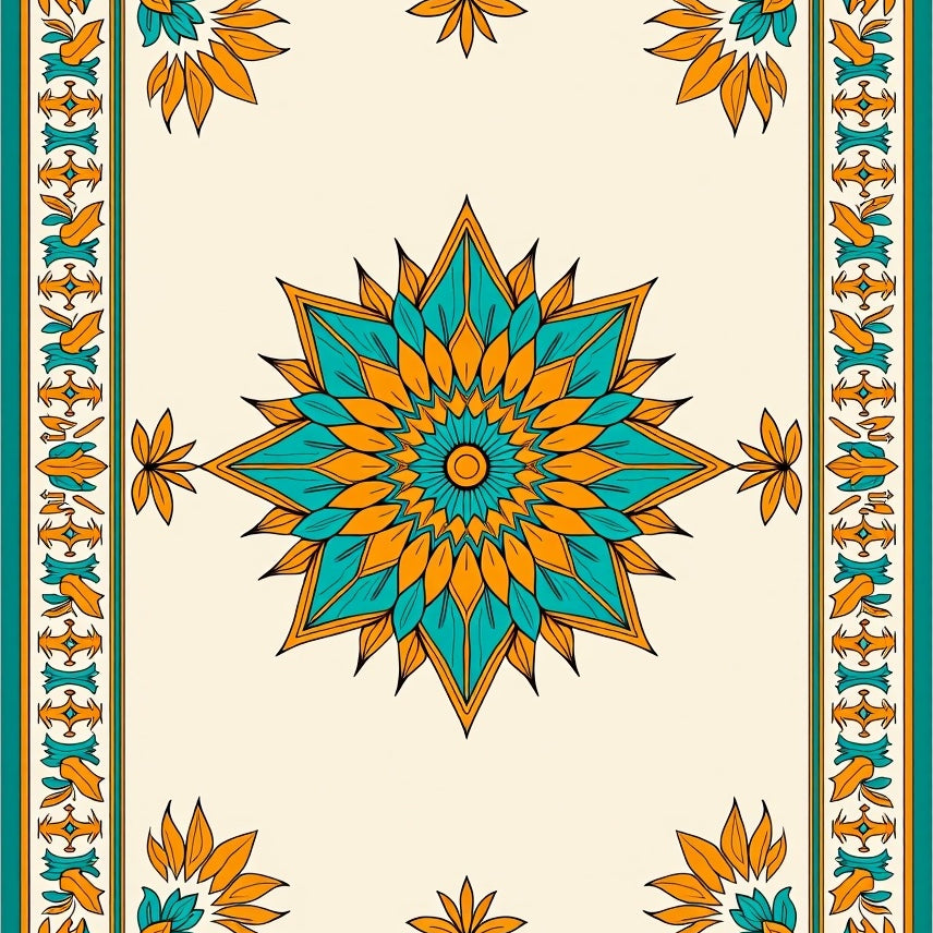 Sunburst Medallion Design with Radiant Floral Embellishments (Teal) - ODIKA