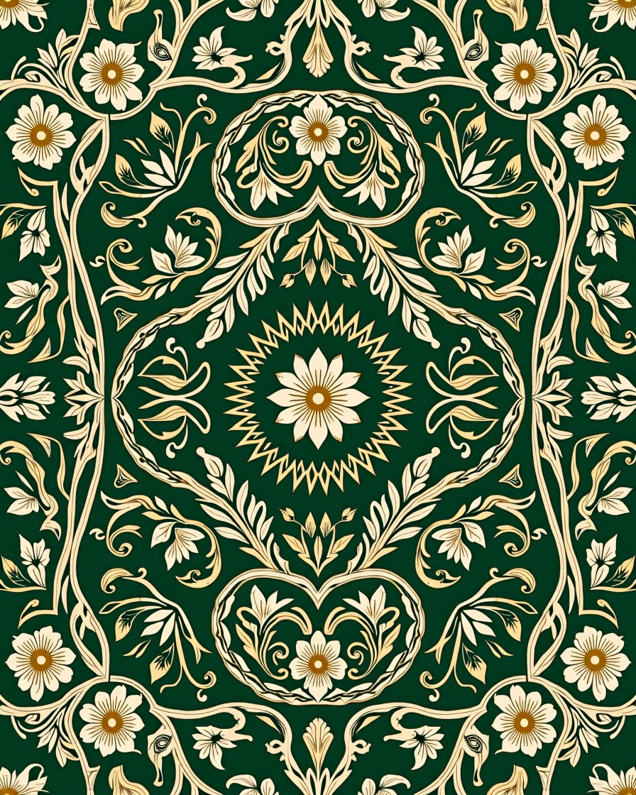 Victorian Inspired Botanical Layout with Stylized Ferns and Blossoming Florals (Green) - ODIKA