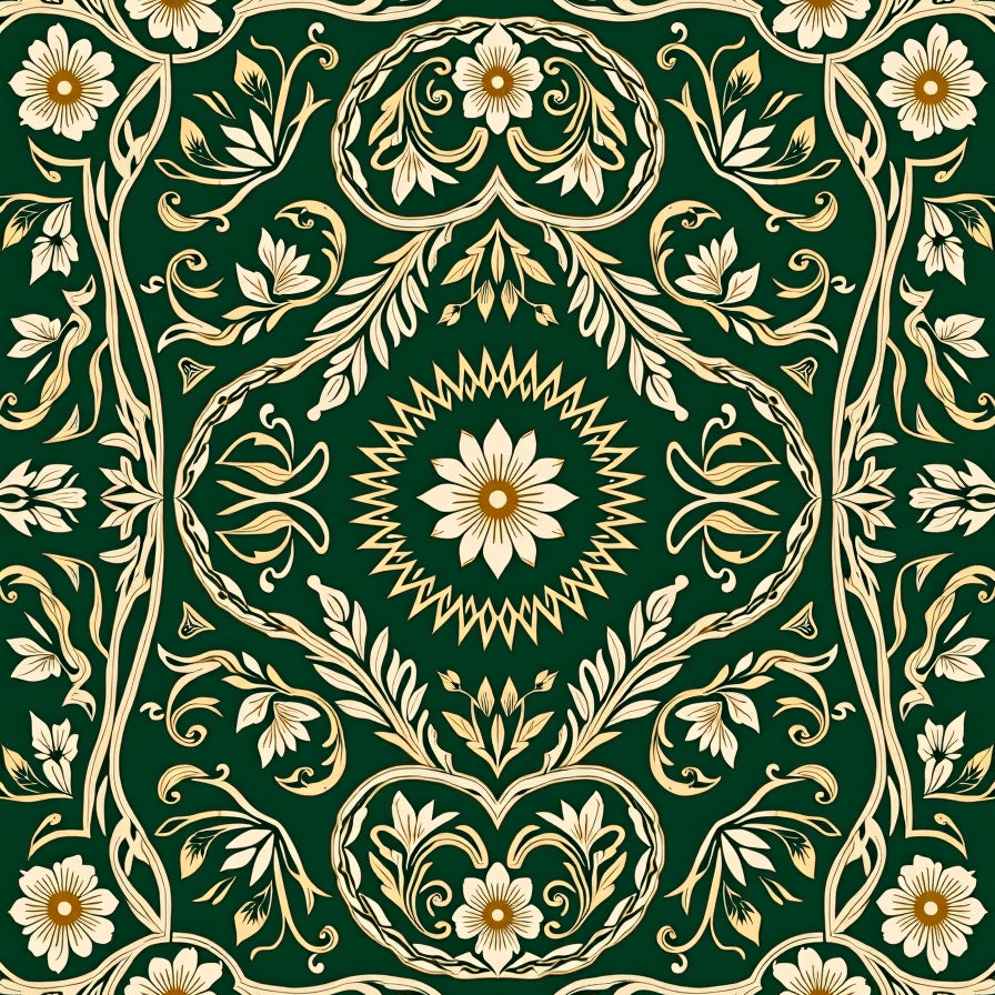 Victorian Inspired Botanical Layout with Stylized Ferns and Blossoming Florals (Green) - ODIKA