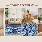 Ultra Soft Area Rug, Non Slip, Stain Resistant, Washable Area Rugs for Living Room, Bedroom, Rustic Tan Tiled Ginger Jar Aesthetic(Blue)
