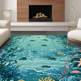 Ultra Soft Area Rug, Non Slip, Stain Resistant, Washable Area Rugs for Living Room, Bedroom, Oceanic Wonderland Low Pile Rug With Aquatic Life Design And Wave Border(Blue)