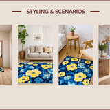 Ultra Soft Area Rug, Non Slip, Stain Resistant, Washable Area Rugs for Living Room, Bedroom, Navy and Yellow Vibrant Botanical Design(Blue)