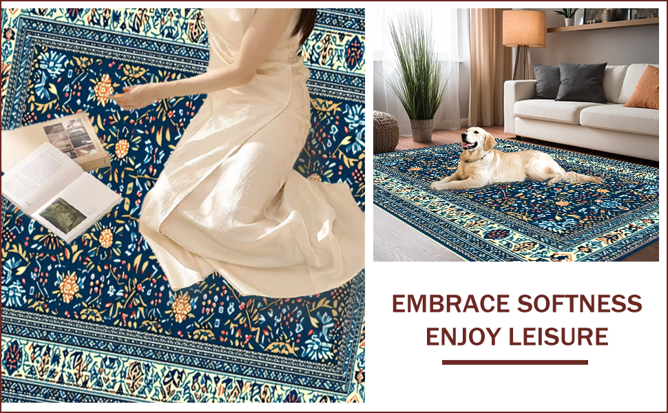 Ultra Soft Area Rug, Non Slip, Stain Resistant, Washable Area Rugs for Living Room, Bedroom, Vintage Boho Oriental Jungle(Blue) - ODIKA