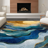 Ultra Soft Area Rug, Non Slip, Stain Resistant, Washable Area Rugs for Living Room, Bedroom, Contemporary Rippled Wave Rug Showcasing Blue Gold Fusion, Abstract Geometry(Blue)