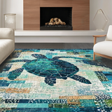 Ultra Soft Area Rug, Non Slip, Stain Resistant, Washable Area Rugs for Living Room, Bedroom, Marine Life Mosaic Rug Featuring Blue Turtle and Coral Reef Artistic Motif(Blue)