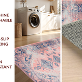 Ultra Soft Area Rug, Non Slip, Stain Resistant, Washable Area Rugs for Living Room, Bedroom, Vibrant Geometric Blue Accents(Pink)