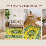 Ultra Soft Area Rug, Non Slip, Stain Resistant, Washable Area Rugs for Living Room, Bedroom, Artistic Distressed Botanical Design(Yellow)