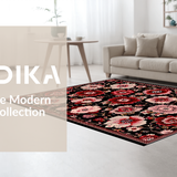 Ultra Soft Area Rug, Non Slip, Stain Resistant, Washable Area Rugs for Living Room, Bedroom, Rustic Low Pile Blossom Design(Black)