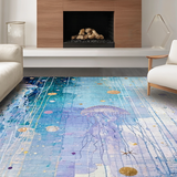 Ultra Soft Area Rug, Non Slip, Stain Resistant, Washable Area Rugs for Living Room, Bedroom, Seaside Fantasy Rug with Whimsical Jellyfish and Oceanic Pebble Motifs(Blue)