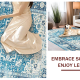 Ultra Soft Area Rug, Non Slip, Stain Resistant, Washable Area Rugs for Living Room, Bedroom, Chic Distressed Teal Geometric Motif(Blue)