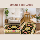 Ultra Soft Area Rug, Non Slip, Stain Resistant, Washable Area Rugs for Living Room, Bedroom, Rustic Earthy Toned Blossom Design(Black)