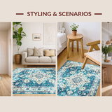 Ultra Soft Area Rug, Non Slip, Stain Resistant, Washable Area Rugs for Living Room, Bedroom, Trendy Ivory Artful Symmetrical Elements(Blue)