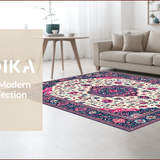 Ultra Soft Area Rug, Non Slip, Stain Resistant, Washable Area Rugs for Living Room, Bedroom, Elegant Cream and Blue Trellis Design(White)