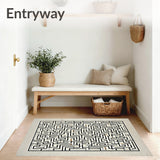 Nordic Modern Geo Maze Area with Contrasting Monochrome Lattice Motifs(Beige)
