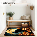 Gothic Halloween Carpet Black Cat & Pumpkin Design(Black)