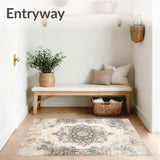 Artisan Medallion Area with a Distressed Symmetrical Boho Design(Beige)