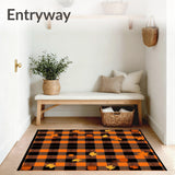 Autumn Harvest Plaid Area Rug Festive Fall Doormat with Pumpkin & Leaves Design(Black)