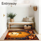 Halloween Gnome Pumpkin Cat Area Rug with Whimsical Spiderweb Accents(Orange)