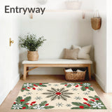 Nordic Snowflake Motif with Pine Branch Border in Festive Semi Oval Layout(Beige)