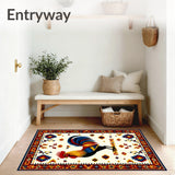 Country Rooster Design Area Slip Resistant Beige Multi Color Folk Art Style(White)