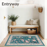 Floral Teal Door Rug with Cherry Blossom Branch Pattern and Decorative Accents(Blue)