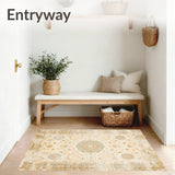 Classic Low Pile Area With Faded Ornamental Medallion Motifs(Beige)